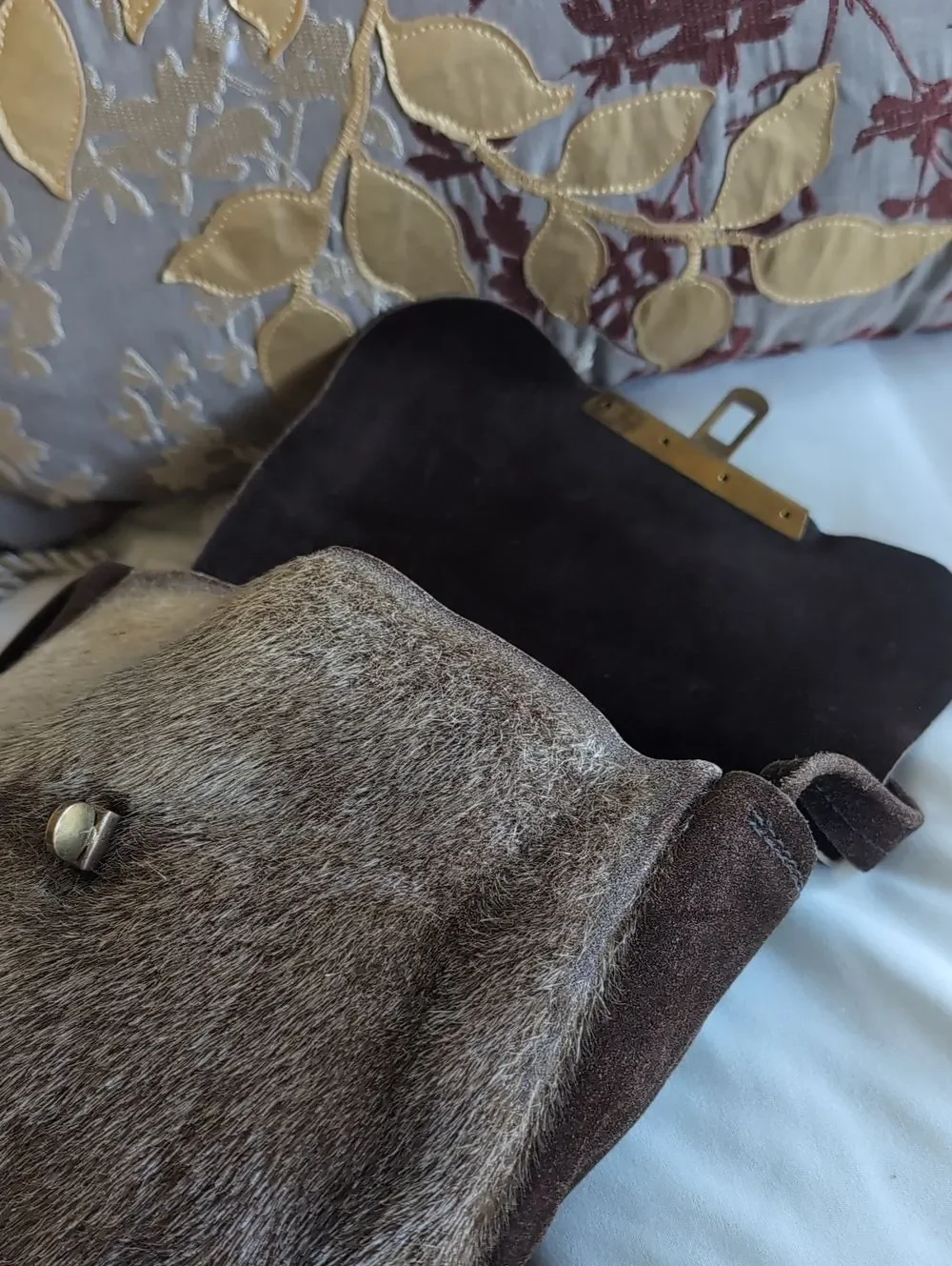 60's Vintage Brown Suede- Hair On Hide Brass Turn Lock Hip Crossbody Bag